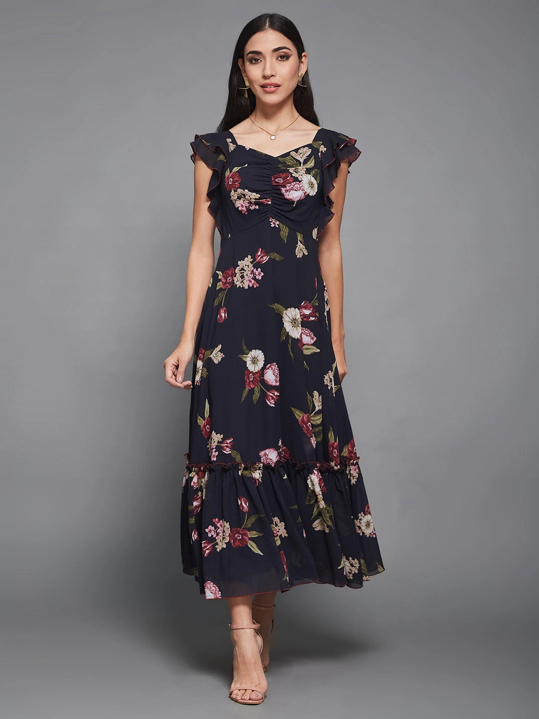 Soft fabric piece Perfect Waist Multicolored Base Navy Blue Georgette Floral Maxi Ruching Dress