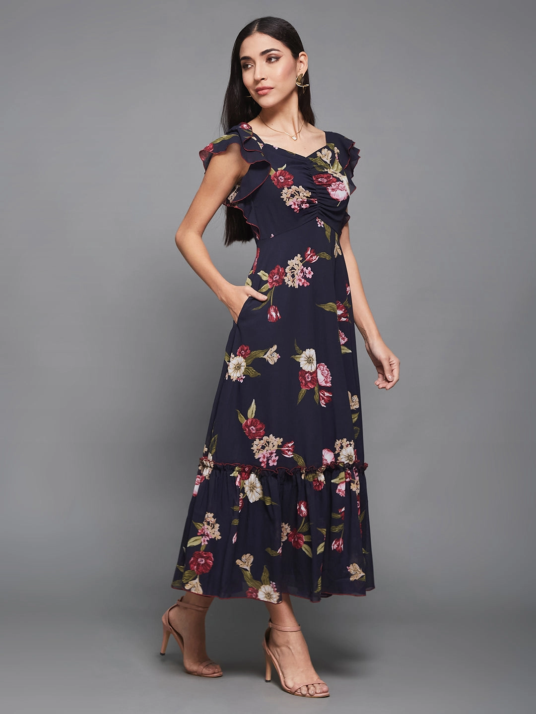 Multicolored Base Navy Blue Georgette Floral Maxi Ruching Dress Evening Chic Bow-Detail