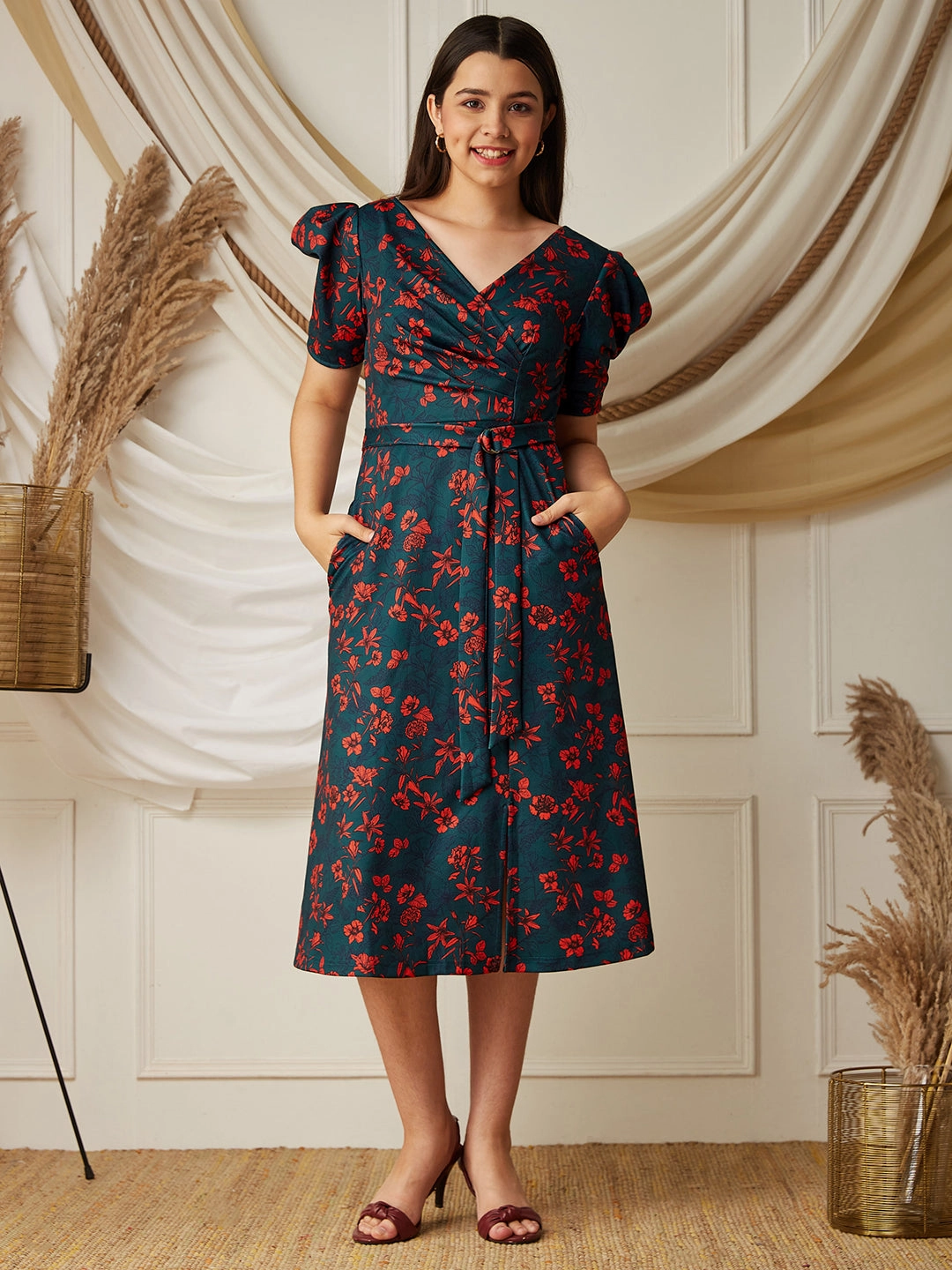 Multicolored-Base-Teal V-neck Puff Sleeve Floral Wrap Midi Dress Balanced Tone