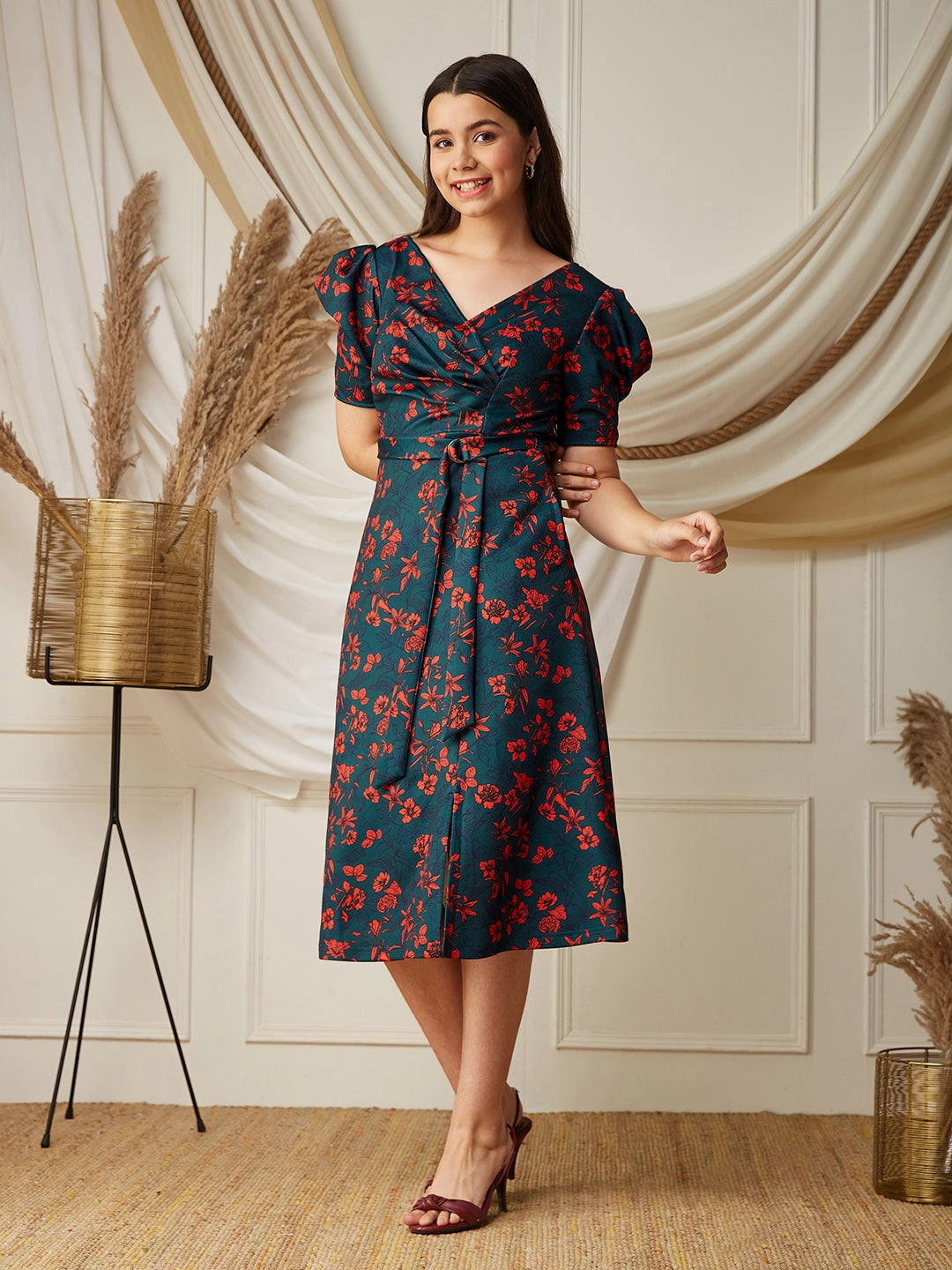 Multicolored-Base-Teal V-neck Puff Sleeve Floral Wrap Midi Dress Relaxed Fit Look Art Soul