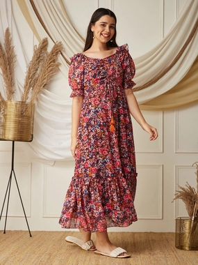 Free Step Multicolored-Base-Wine V-Neck Puff Sleeve Floral Ruching Ankle-Length Dress