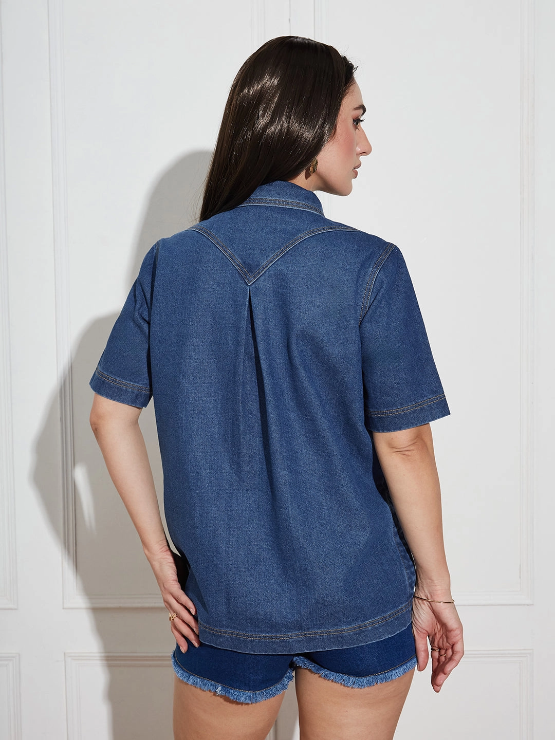 Women's Navy Blue Boxy Denim Shirt ?C Half Sleeves, Collared, Relaxed Fit slim fit Tagless Comfort Collar