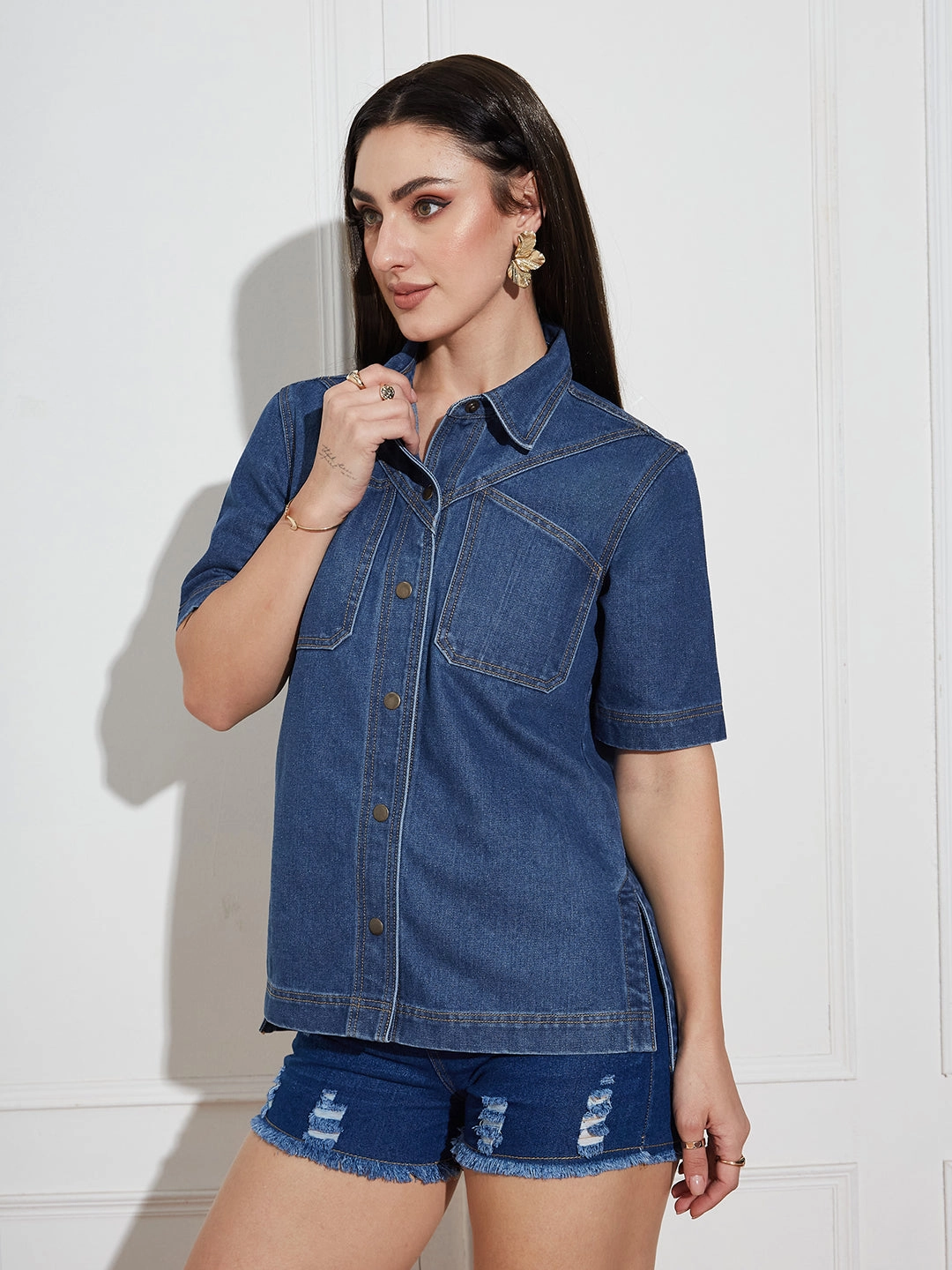 Women's Navy Blue Boxy Denim Shirt ?C Half Sleeves, Collared, Relaxed Fit Four Way Stretch