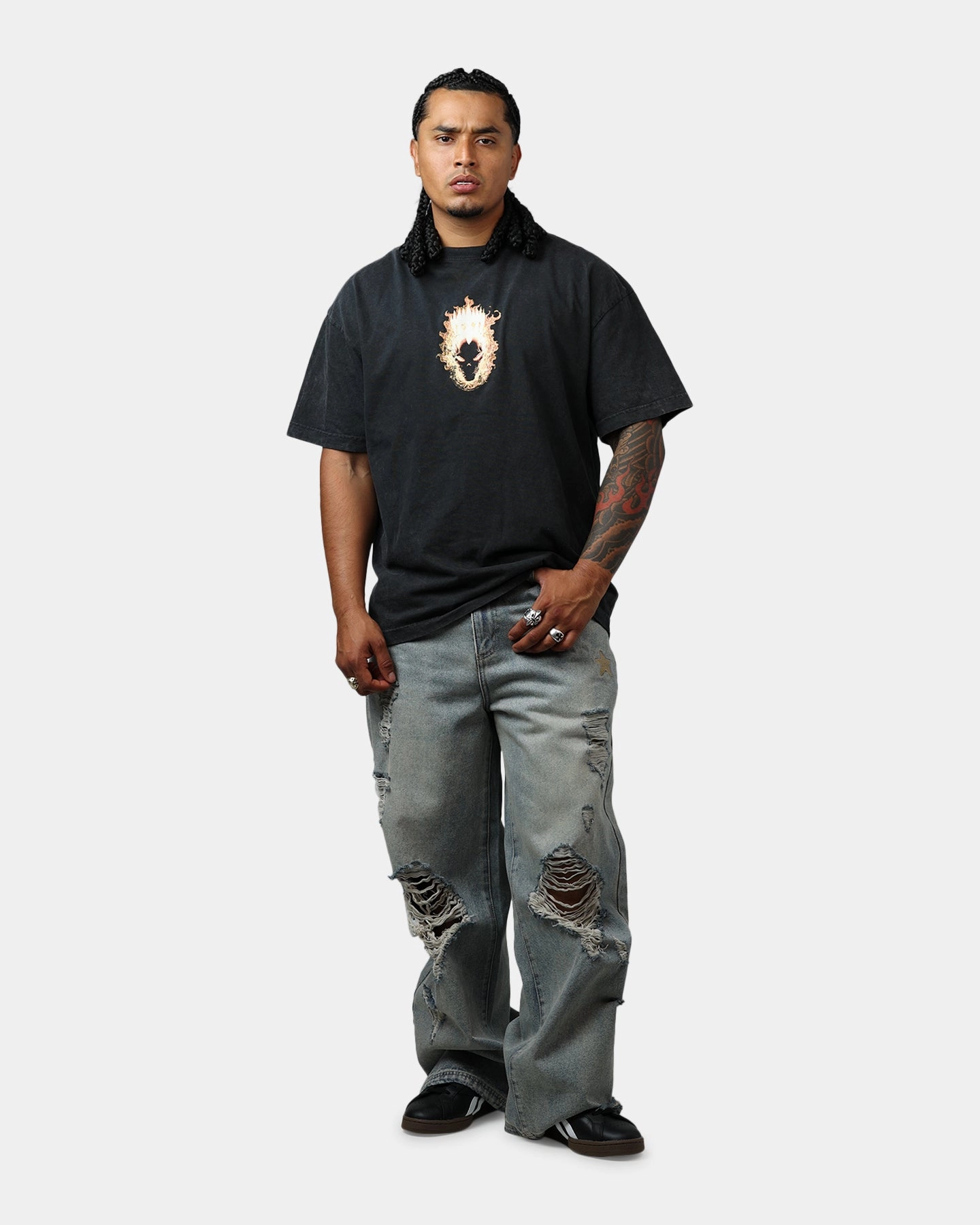 Goat Crew Marvel Ghost Rider Fire Vintage T-Shirt Black Acidwash Vintage Shirt Layered Placket Design