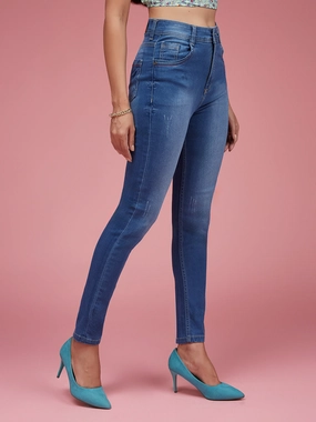24/7 Comfort Blue Skinny-Fit High-Rise Twill Tape Detailing Scraped Stretchable Denim Jeans Textured Versatile Shopping Day