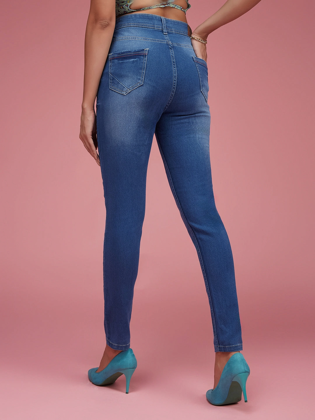 Ready to Wear 24/7 Comfort Blue Skinny-Fit High-Rise Twill Tape Detailing Scraped Stretchable Denim Jeans