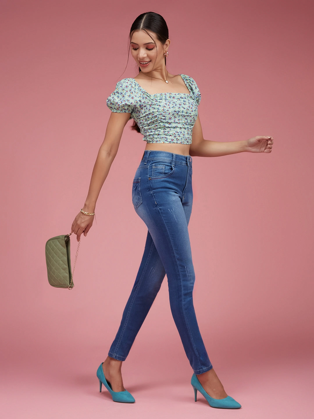 24/7 Comfort Blue Skinny-Fit High-Rise Twill Tape Detailing Scraped Stretchable Denim Jeans Casual Chic Chic Fit