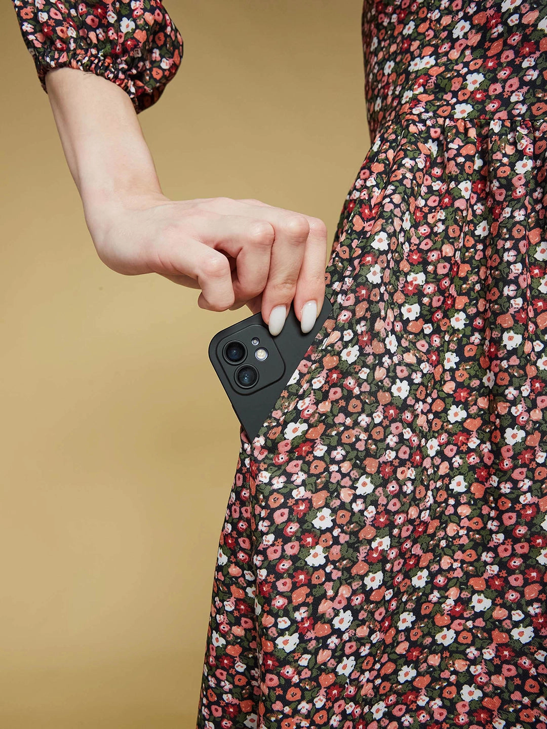 Women's Multicolored-Base-Black Square Bishop Sleeve Viscose Rayon Floral Gathered Above Knee Dress Sleek Waistband