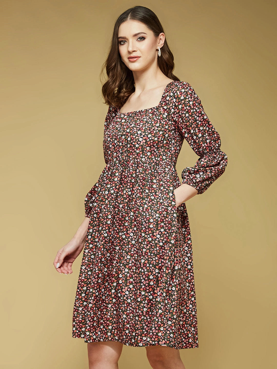 Basic Mood Women's Multicolored-Base-Black Square Bishop Sleeve Viscose Rayon Floral Gathered Above Knee Dress