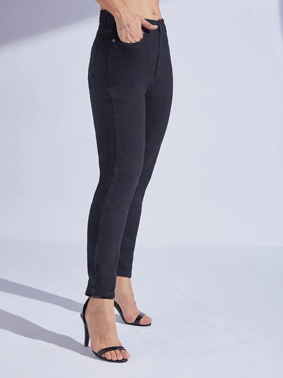 Women's Black High-Rise Regular-Length Stretchable Denim Mom'S Jeans Daily Attire