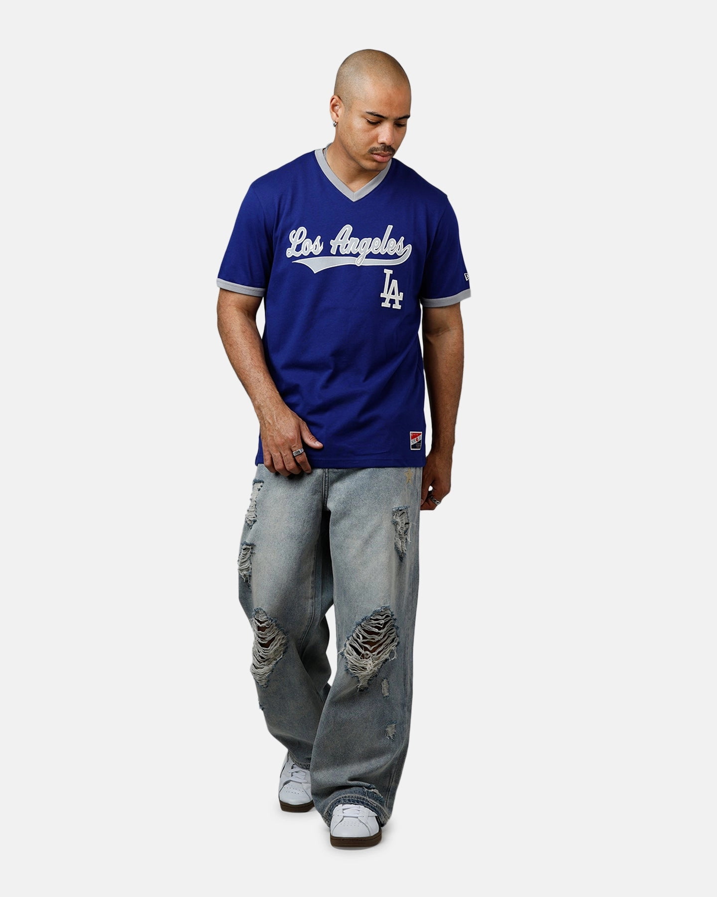 New Era Los Angeles Dodgers Throwback V-Neck T-Shirt Royal Blue ConvertibleCollarSystem
