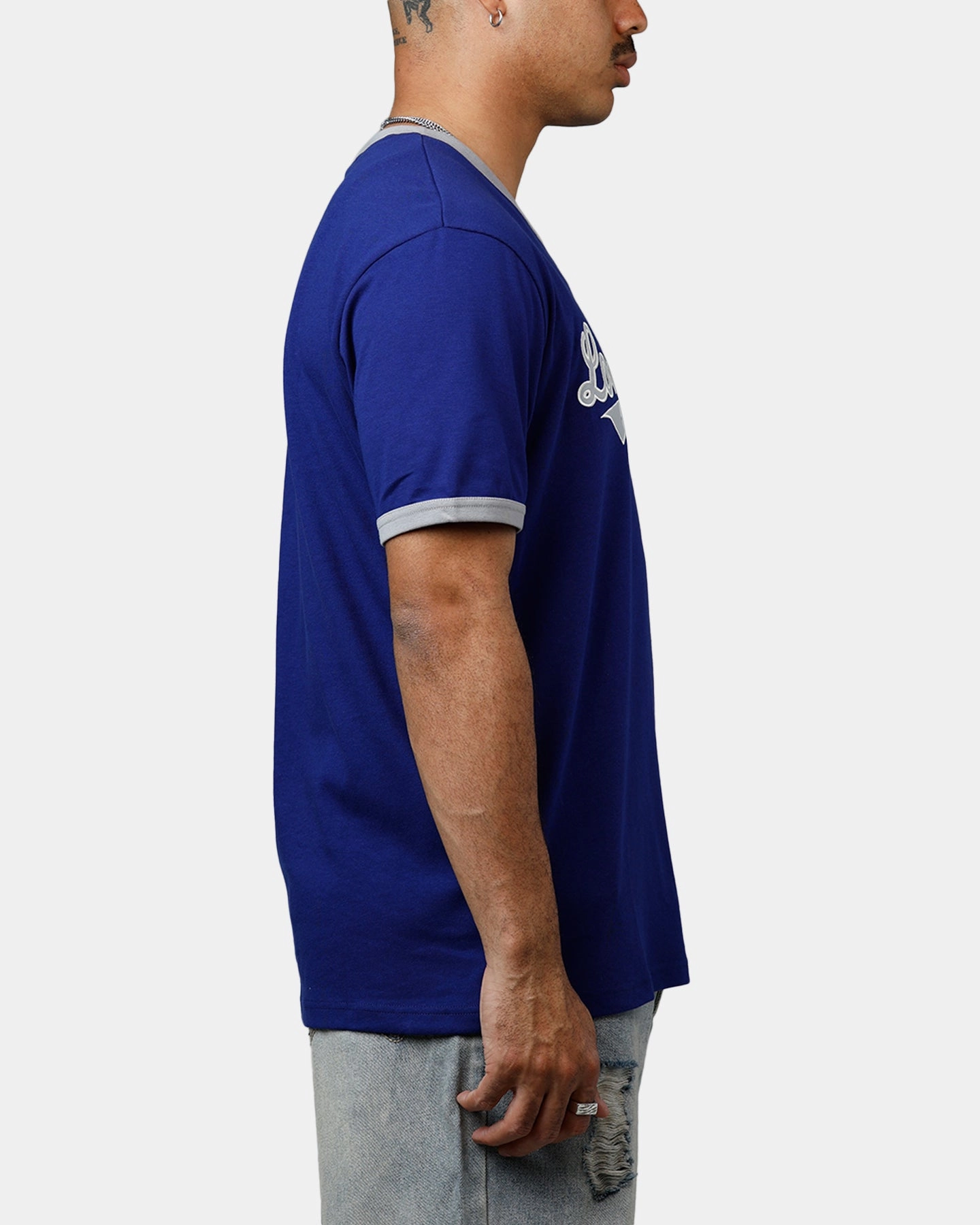 New Era Los Angeles Dodgers Throwback V-Neck T-Shirt Royal Blue Stretch Waistband Design