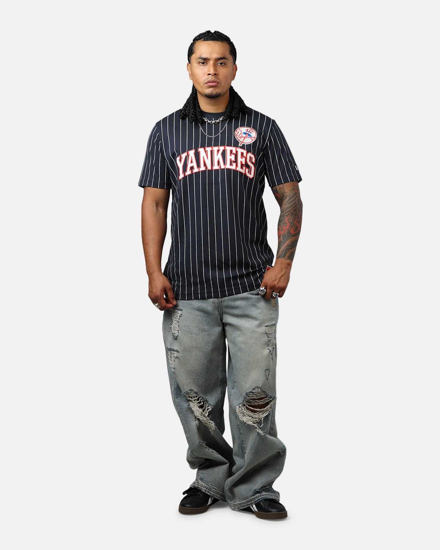 AntiPill Texture Tencel Blend Fabric New Era New York Yankees Throwback Pinstripe T-Shirt Navy