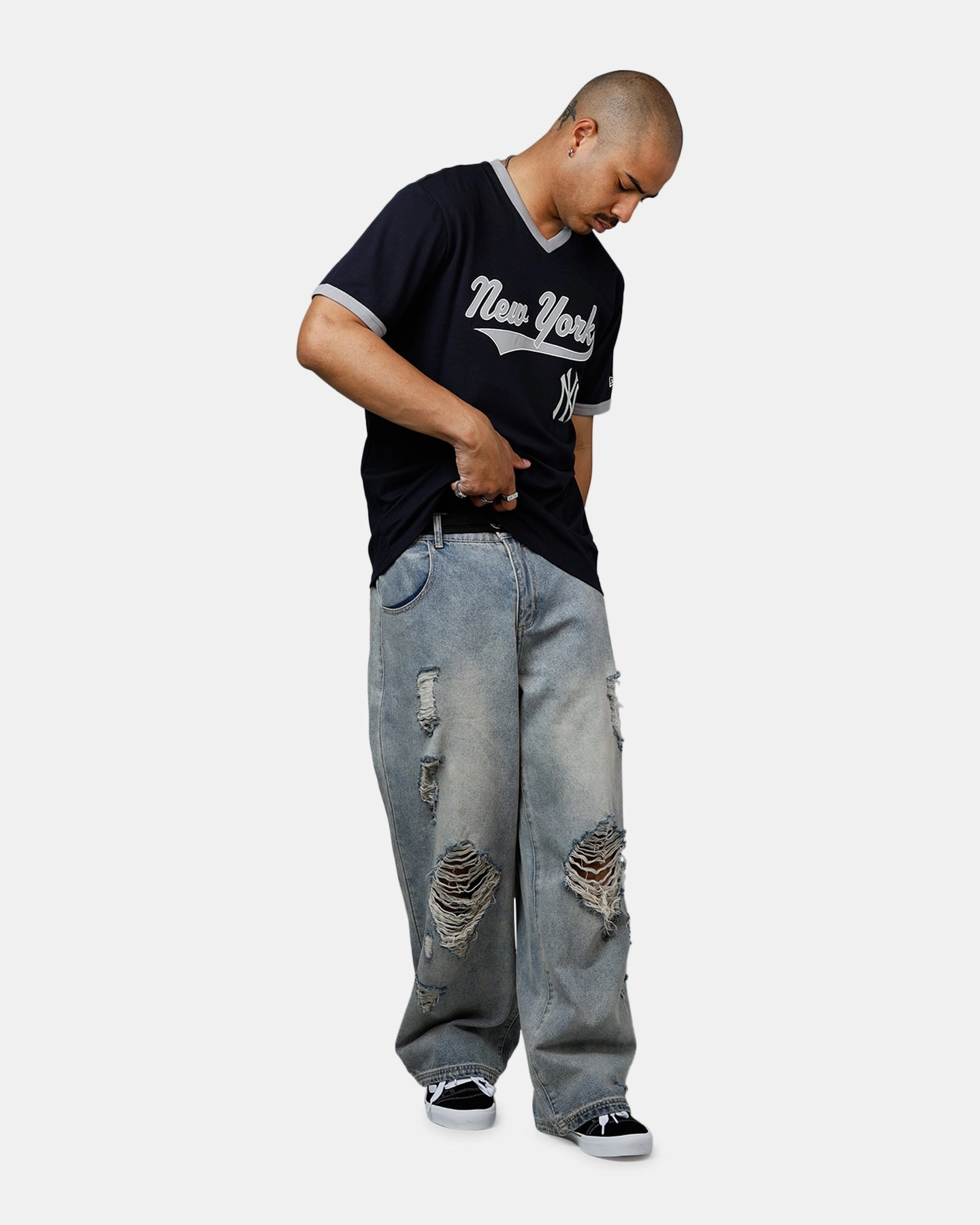 New Era New York Yankees Throwback V-Neck T-Shirt Royal Navy Warm Hoodie ConvertibleCollar