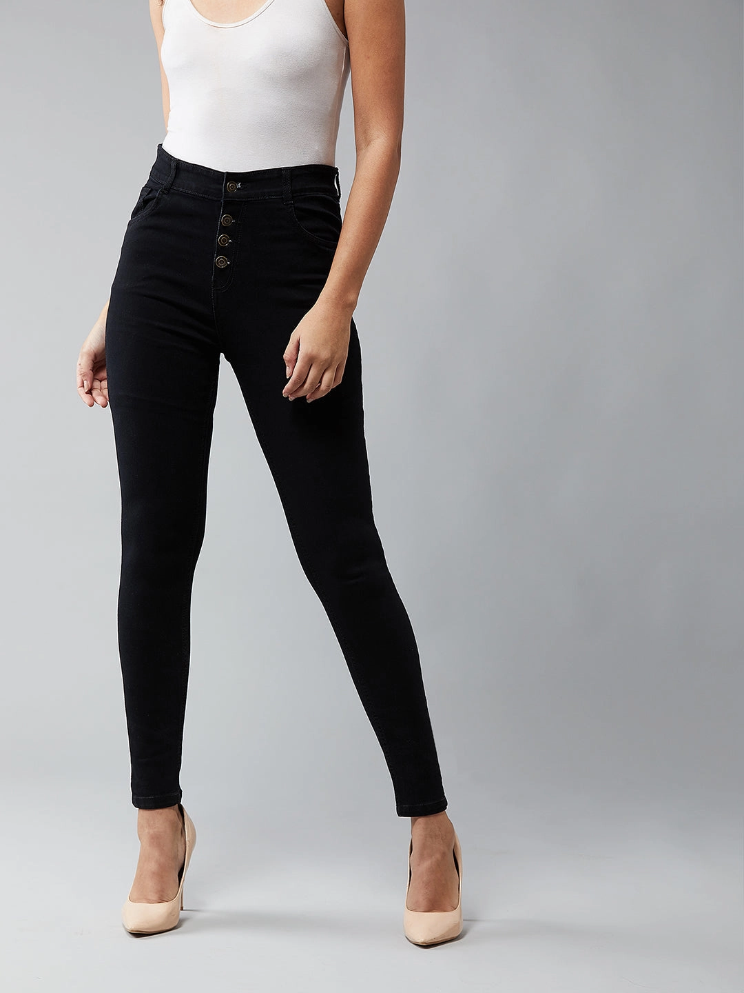 24/7 Comfort Black Skinny-Fit High-Rise Stretchable Denim Jeans Lightweight Denim
