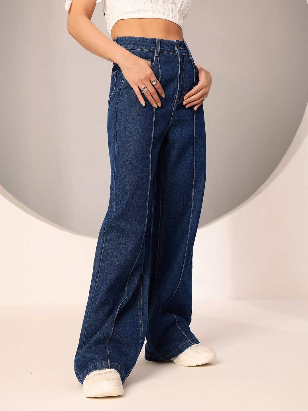 Softened Texture Women's Navy Blue Wide-Leg High-Rise Clean-Look Regular-Length Non-stretchable Denim Jeans