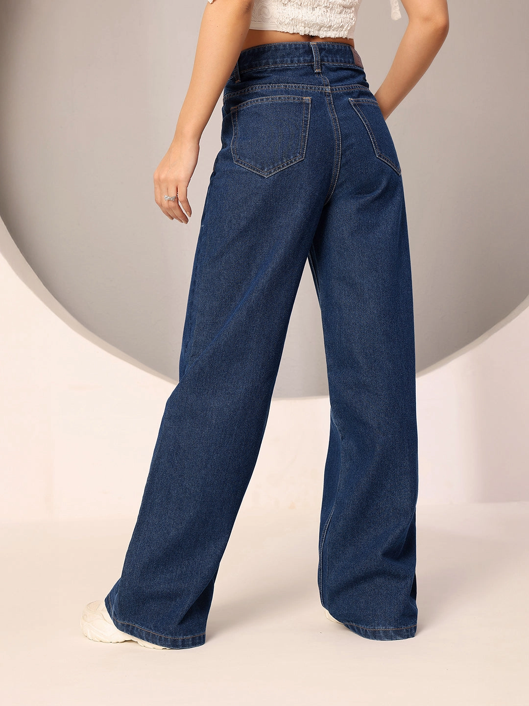Women's Navy Blue Wide-Leg High-Rise Clean-Look Regular-Length Non-stretchable Denim Jeans Universal Look Ultra Basic