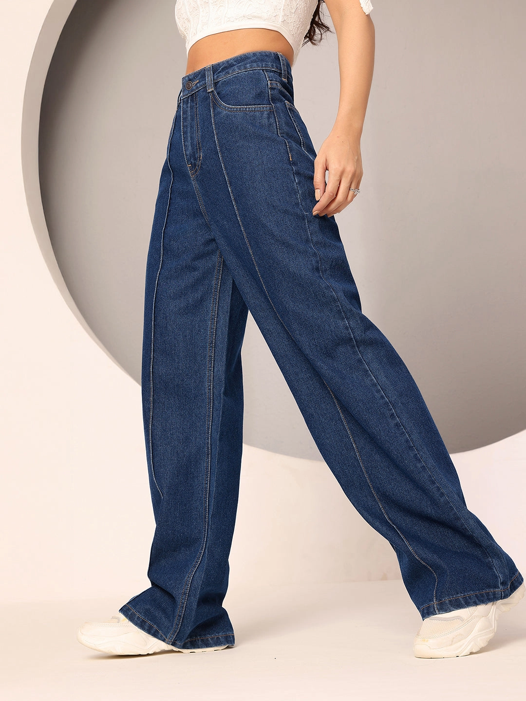Women's Navy Blue Wide-Leg High-Rise Clean-Look Regular-Length Non-stretchable Denim Jeans Always Appropriate