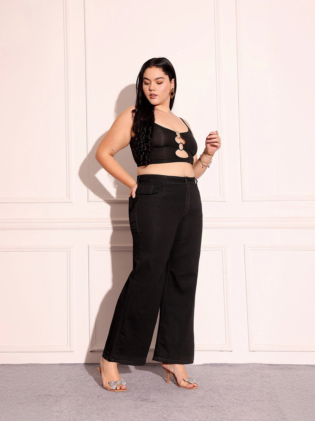 Fall Outfit On The Move Women's Black Wide-Leg High-Rise Stretchable Denim Jeans