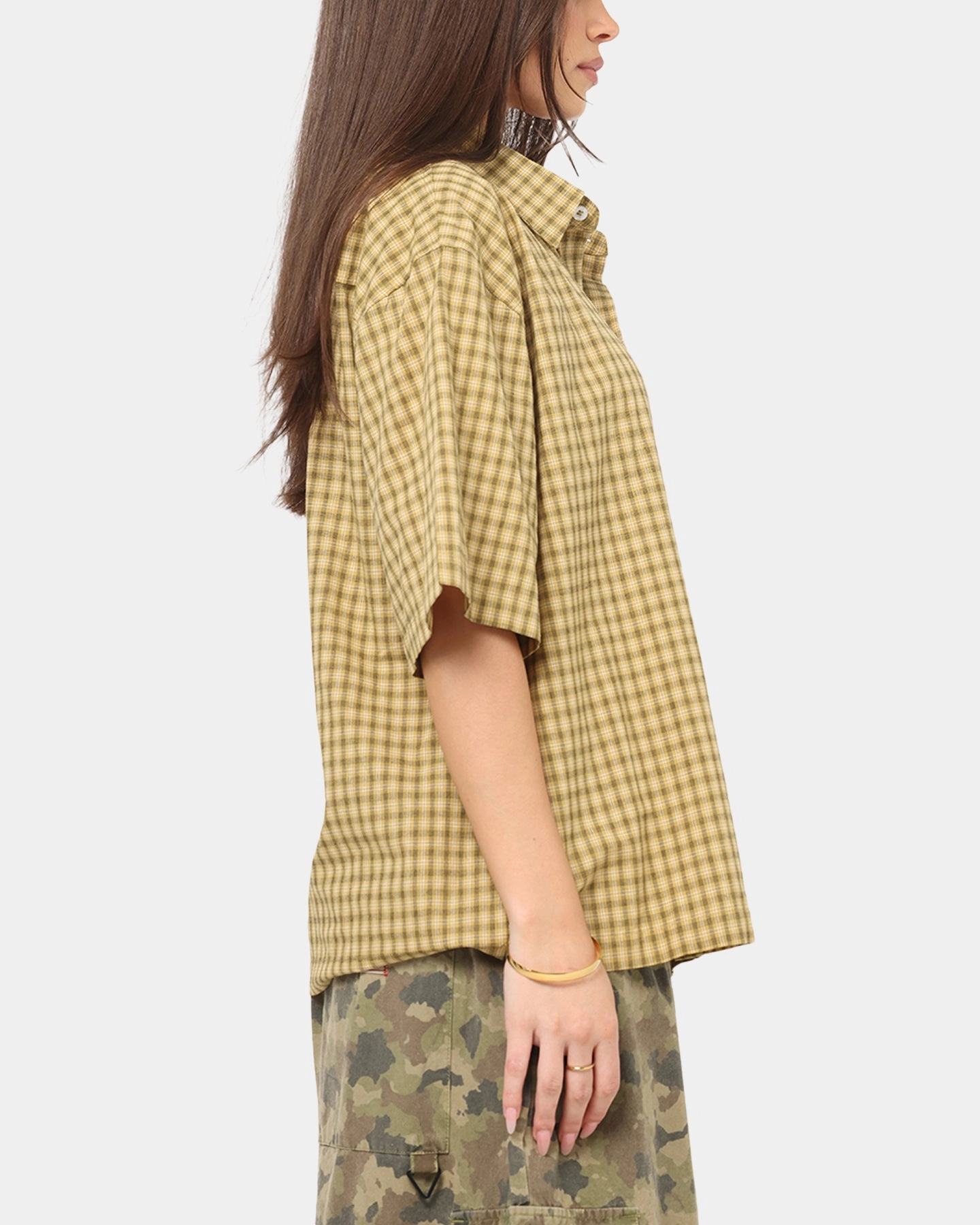Zero Waste Production Label Carre Checkered Boxy Button Up Shirt Yellow Check