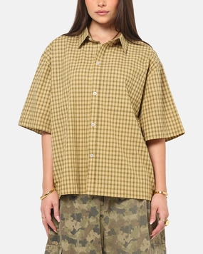 Everyday Fashion Tagless Design Carre Checkered Boxy Button Up Shirt Yellow Check