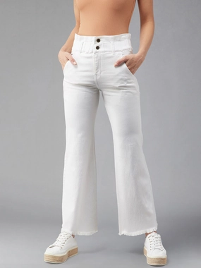 Raw Hem Design 24/7 Comfort White Flared High-Rise Ankle length Stretchable Denim Jeans