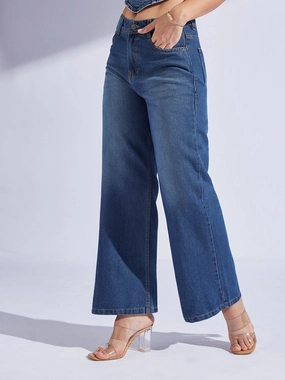 Women's Navy Blue Wide-Leg High-Rise Clean-Look Regular-Length Denim Jeans Smart Fit