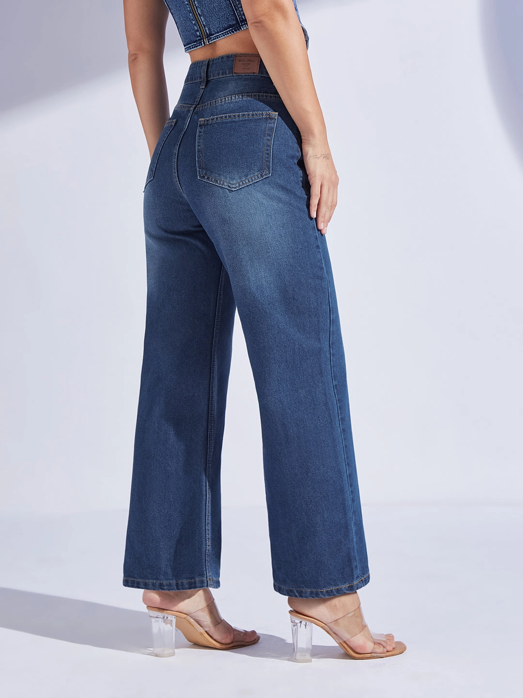 Women's Navy Blue Wide-Leg High-Rise Clean-Look Regular-Length Denim Jeans Daily Go-To