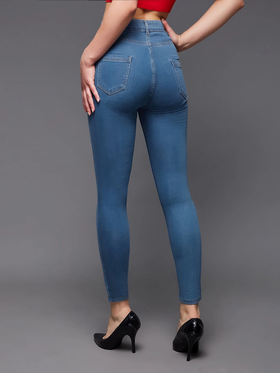 Women's Blue Solid Skinny High-Rise Cropped Solid Stretchable Denim Jeans Chic Comfort Work Outfit