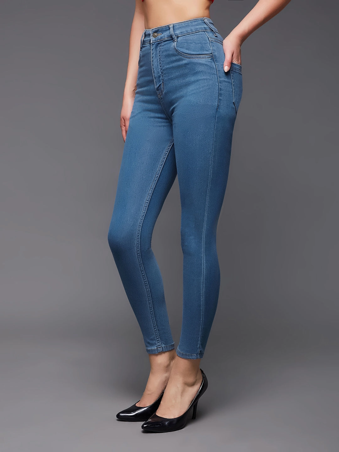 Women's Blue Solid Skinny High-Rise Cropped Solid Stretchable Denim Jeans Comfy Silhouette Relaxed Style Work Ready Outdoor Enthusiast