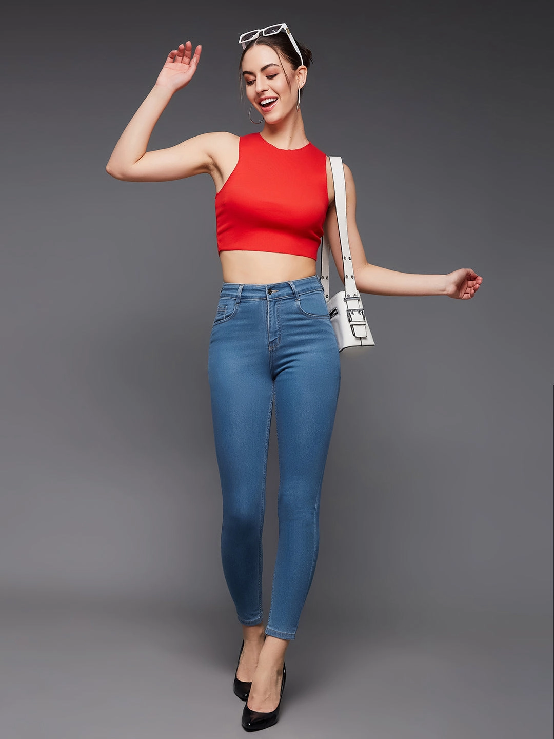 Women's Blue Solid Skinny High-Rise Cropped Solid Stretchable Denim Jeans Night Out Traveler Gear Stylish