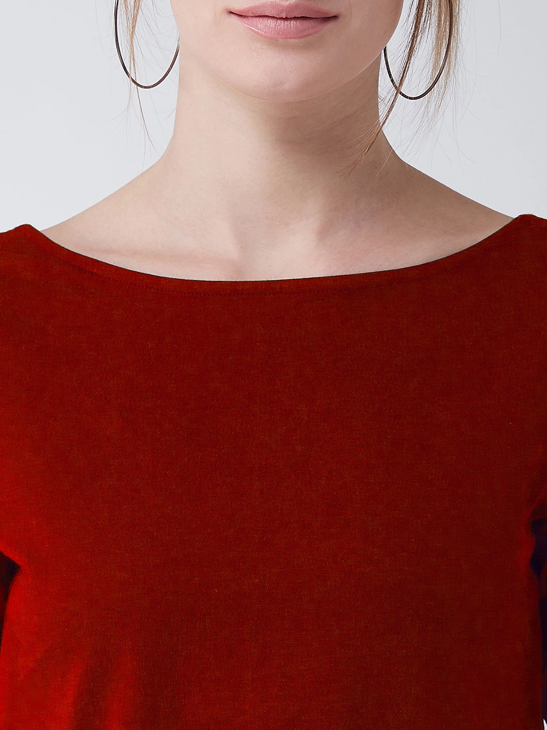 Women's Maroon Boat Neck Half Sleeves Low Back Buttoned Crop Top Reinforced Seam Technique