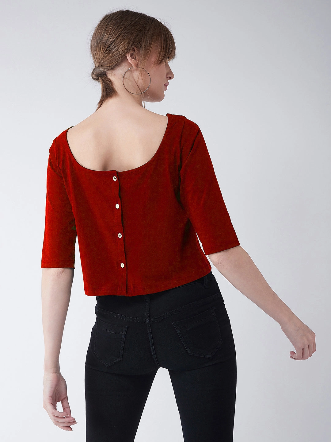 Women's Maroon Boat Neck Half Sleeves Low Back Buttoned Crop Top Durable Chainstitch