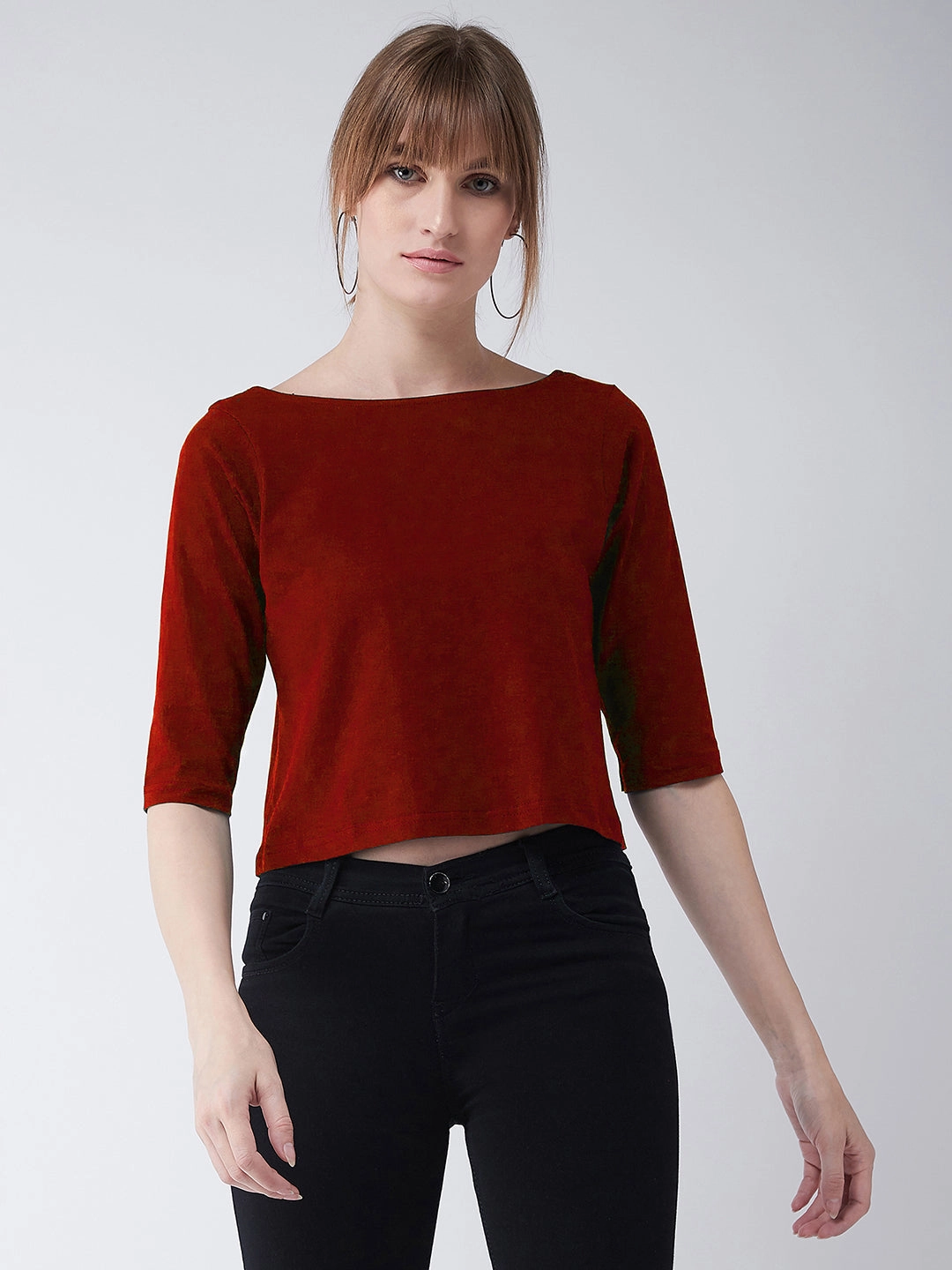 Women's Maroon Boat Neck Half Sleeves Low Back Buttoned Crop Top EcoFriendlyDye Minimalist Styling