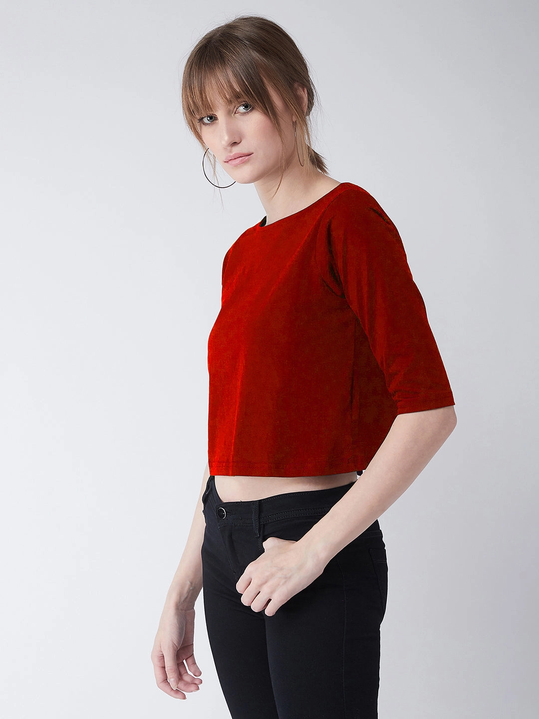 Women's Maroon Boat Neck Half Sleeves Low Back Buttoned Crop Top VentilatedArmholes