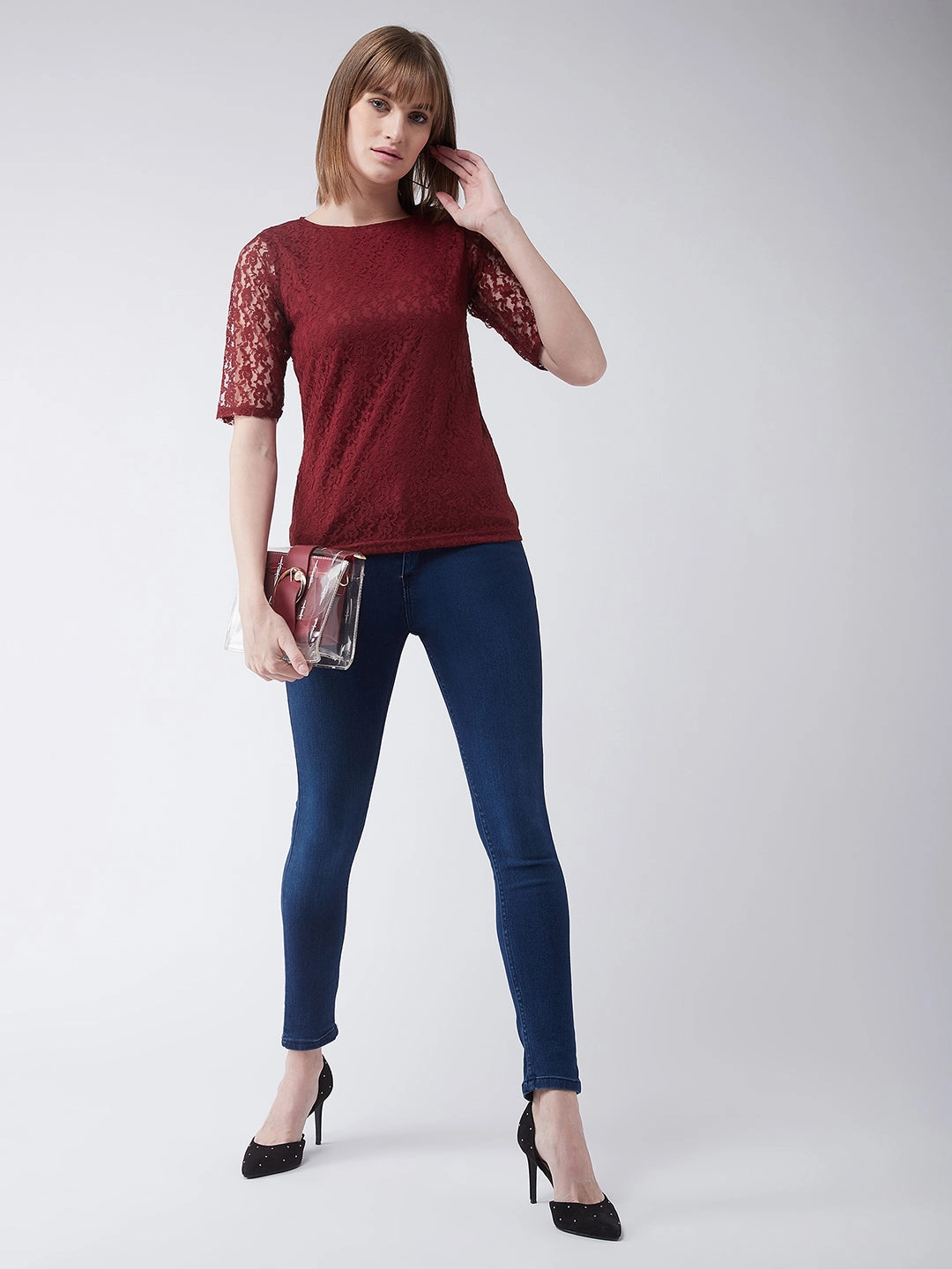 Garment Washed Finish Thermal Insulation Layer Women's Maroon Round Neck Half Sleeves Basic Lace Crop Top