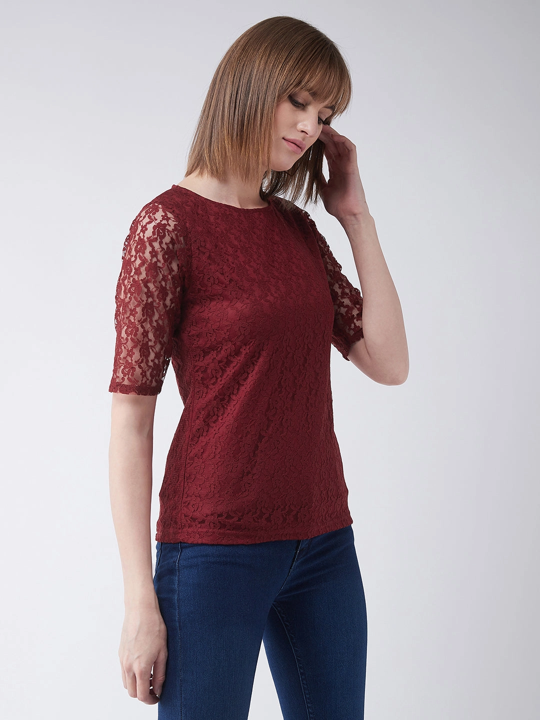 Women's Maroon Round Neck Half Sleeves Basic Lace Crop Top OdorResistant