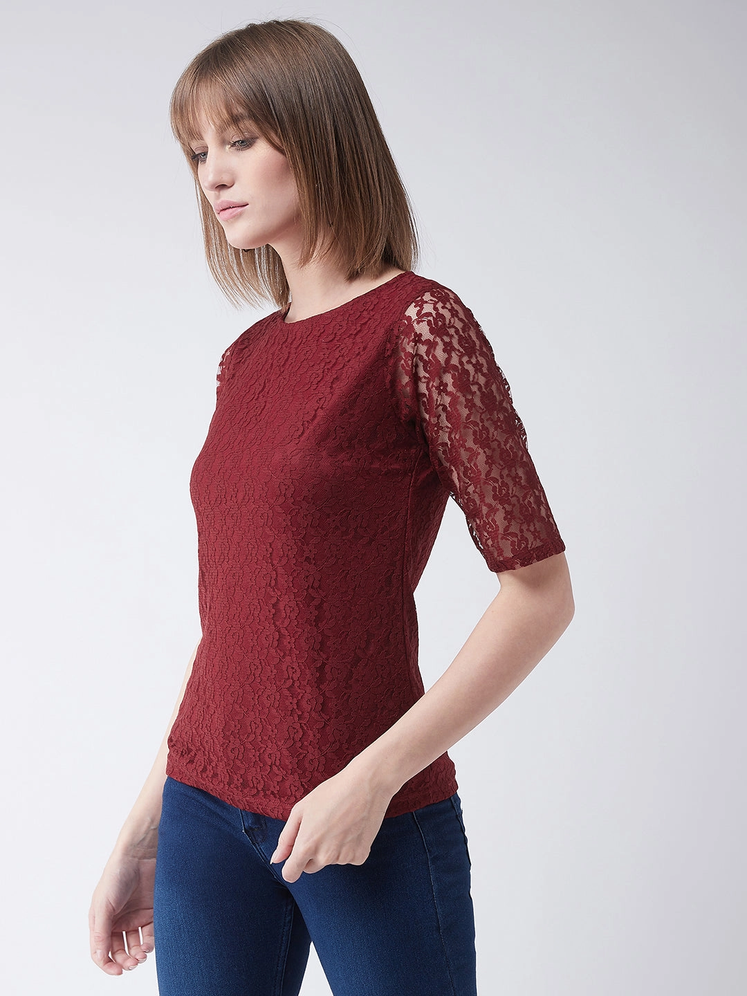 LaserCutVents Women's Maroon Round Neck Half Sleeves Basic Lace Crop Top