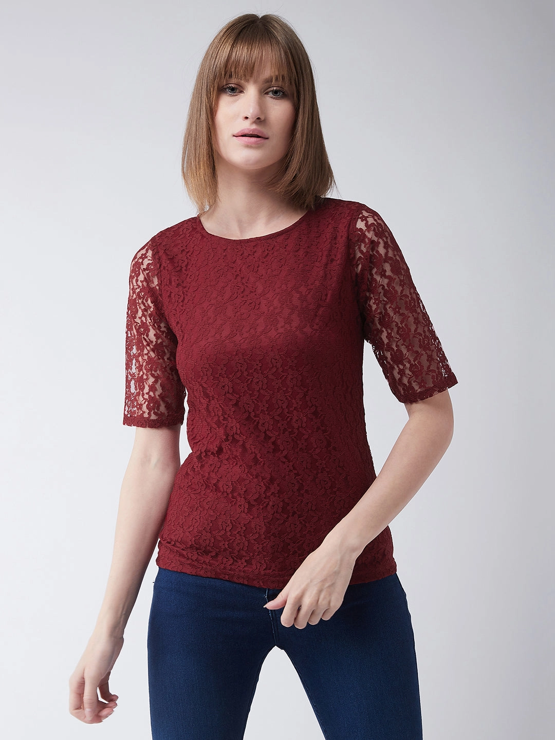 Women's Maroon Round Neck Half Sleeves Basic Lace Crop Top MeshVentilation