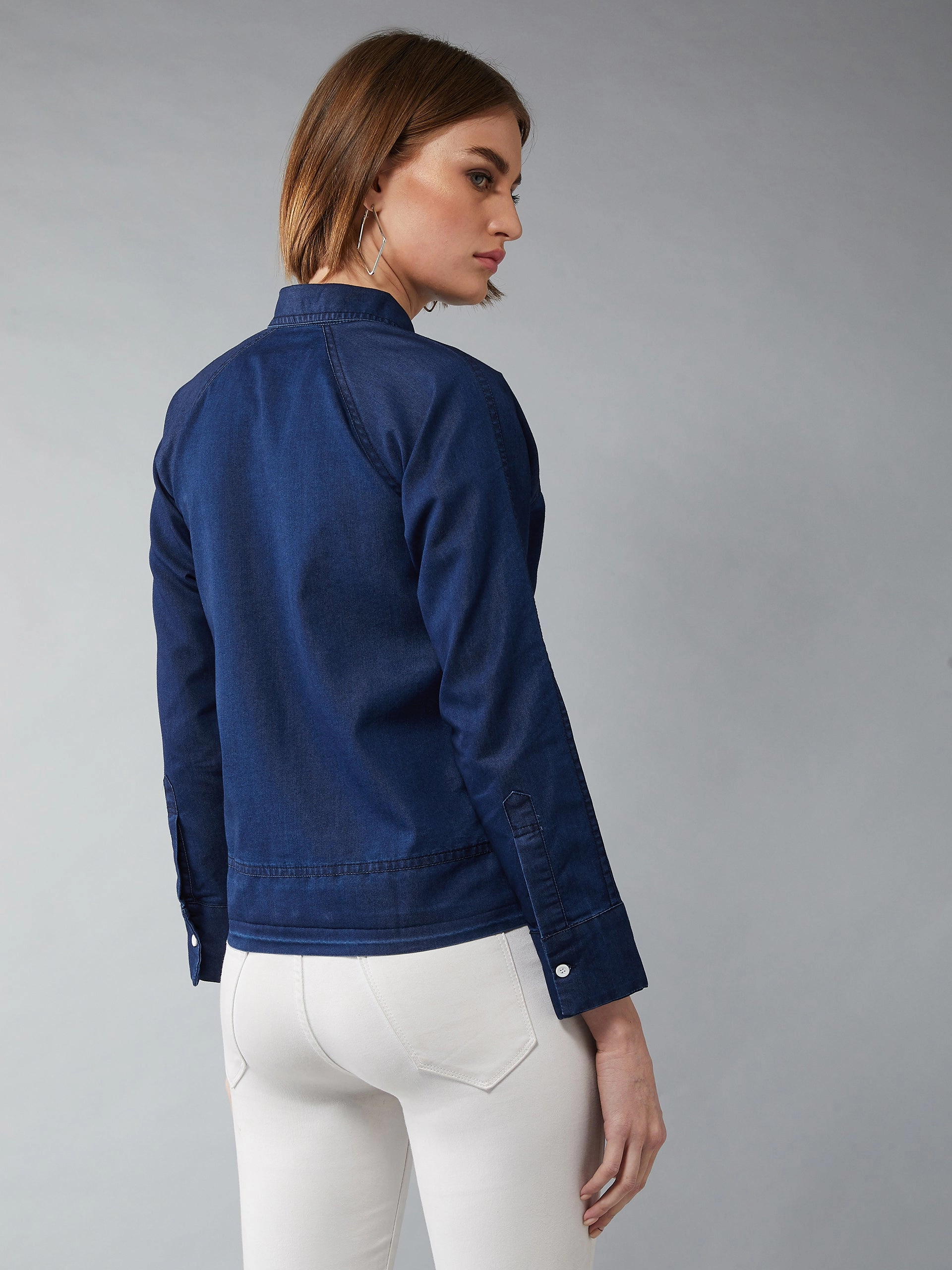 HeatReflectiveLining Women's Navy Polo Neck Full Sleeves Flap Detailing Denim Solid Regular Length Bomber Jacket
