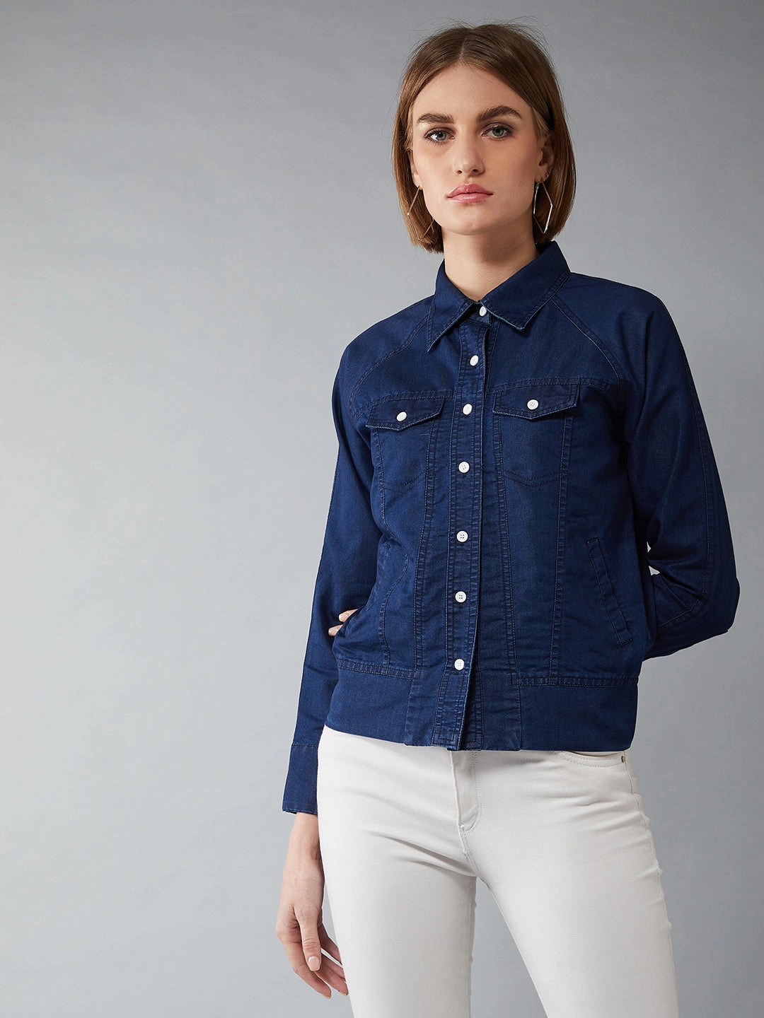 Women's Navy Polo Neck Full Sleeves Flap Detailing Denim Solid Regular Length Bomber Jacket Fleece Lined Interior