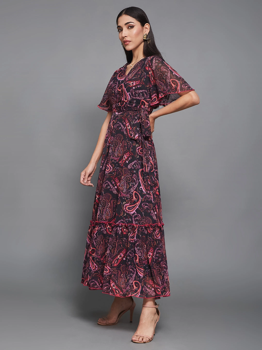 Comfy and Elegant Women's Multicolored Base Black Bohemian V-Neck Flutter Sleeve Chiffon Relaxed Fit Wrap Maxi Dress