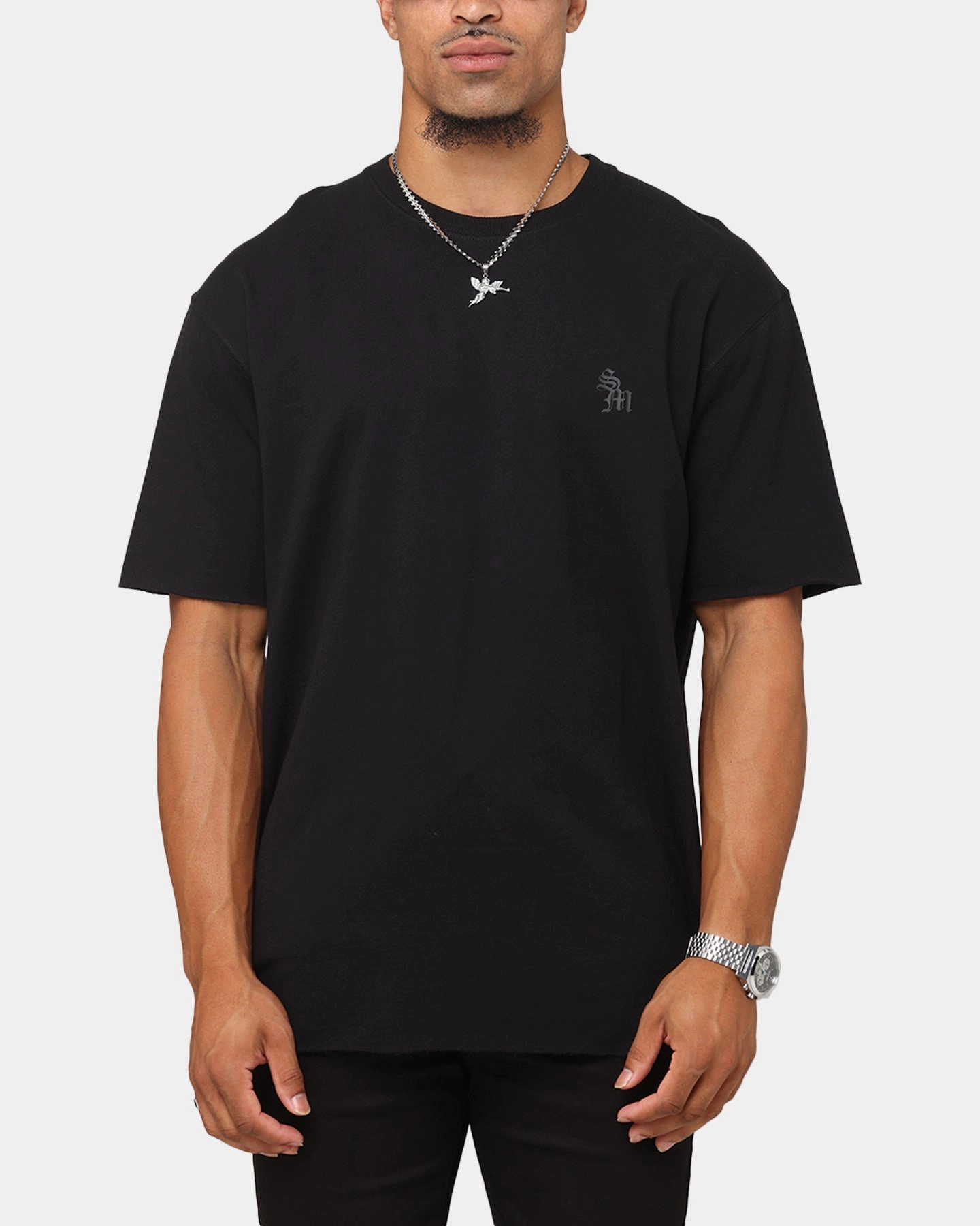 Saint Morta Gothic Monogram Box T-Shirt Black LayeredNeckline