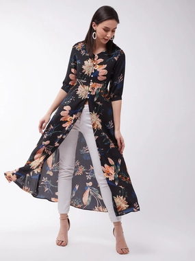 Women's Multicolor Floral Printed Polyester Regular Fit V Neck 3/4 Sleeve Maxi Top MoistureManagementSystem