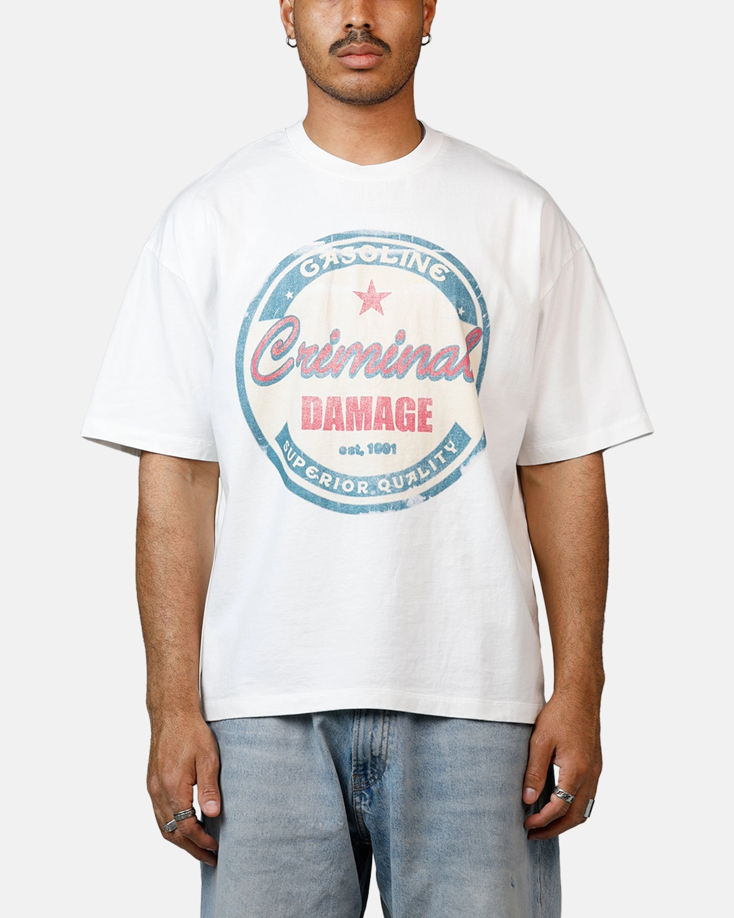 Criminal Damage Gasoline T-Shirt Off White BondedShoulder Stretch Technology