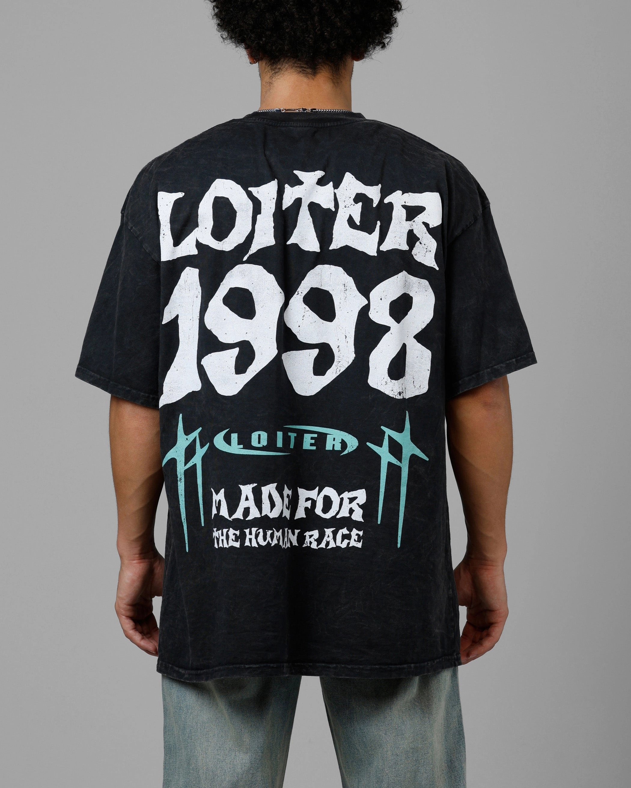 Loiter Staple Logo Drop T-Shirt Black Acidwash Ventilated Side Panels