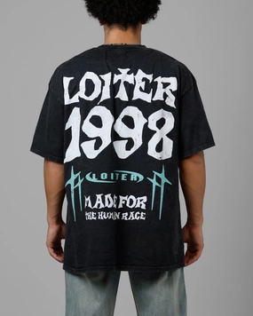 Loiter Staple Logo Drop T-Shirt Black Acidwash Ventilated Side Panels