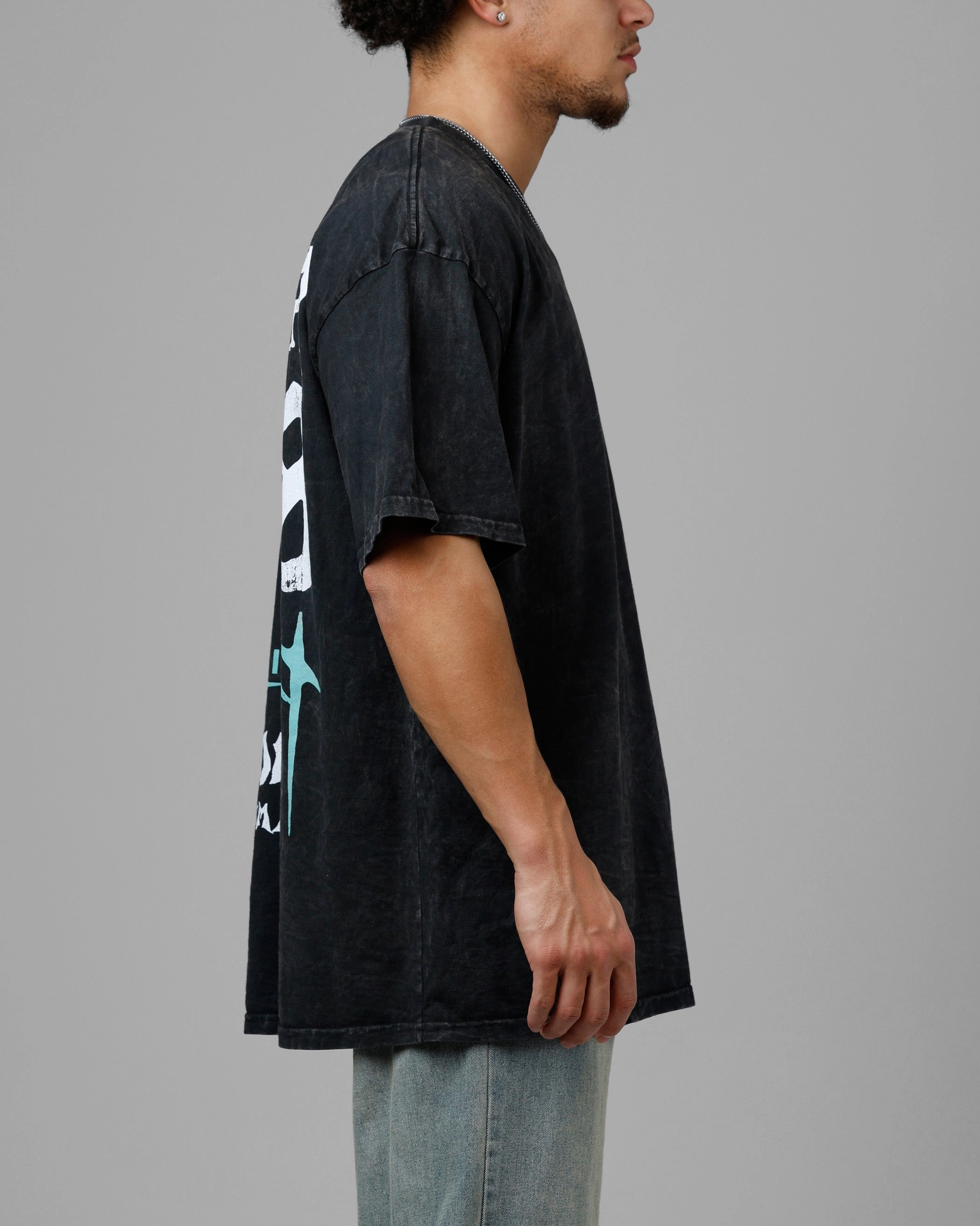 Loiter Staple Logo Drop T-Shirt Black Acidwash Adjustable Fit System Bamboo Fiber Fabric