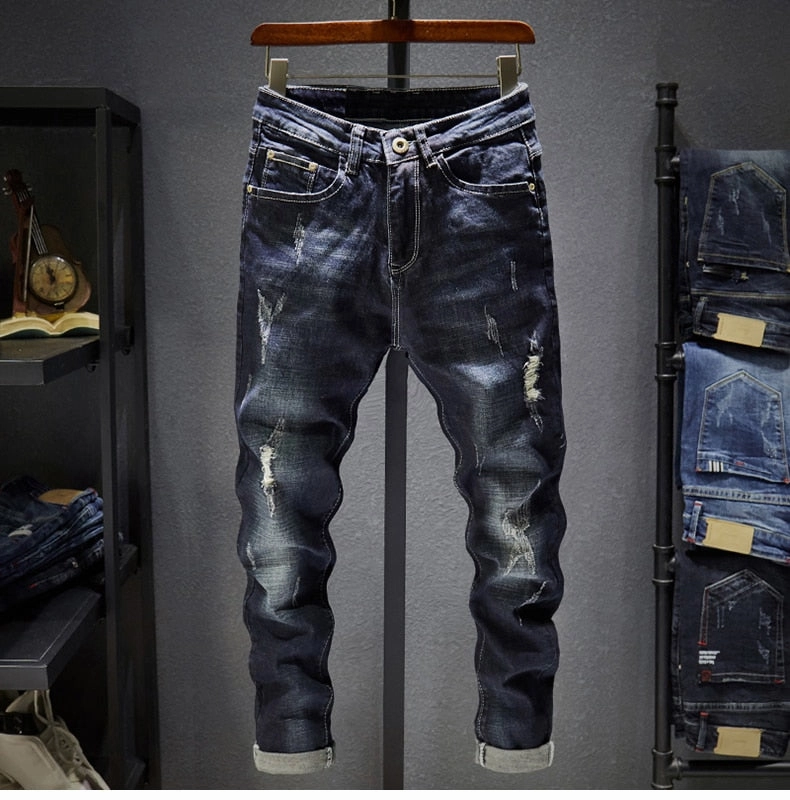 West Louis? Frayed Trousers Punk Style Distressed Jeans Abrasion Resistant Denim