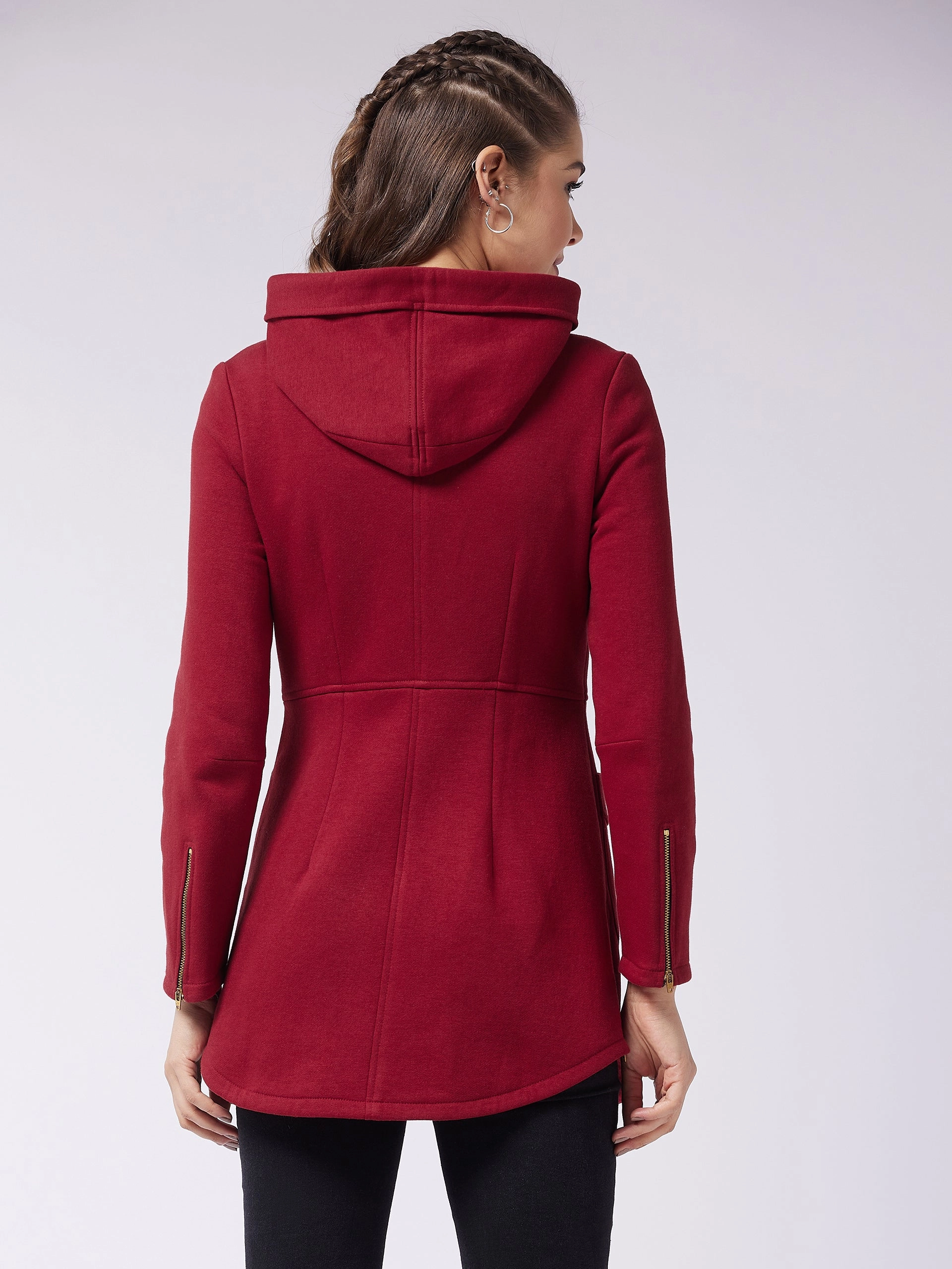 Women's Maroon Hooded Full Sleeve Solid Longline Jacket Recycled materials Non Chafing Neckline